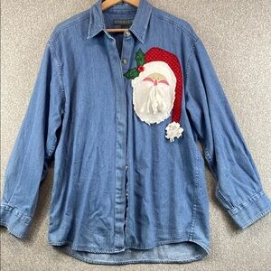 Vintage chambray denim Santa shirt button up down cotton L womens Christmas